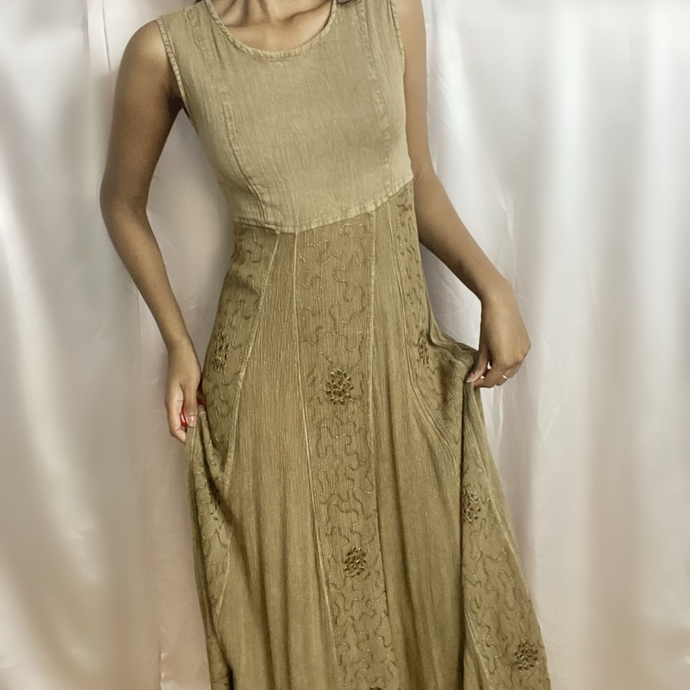 Vintage Embroidered Maxi Dress Sage Green Sz S